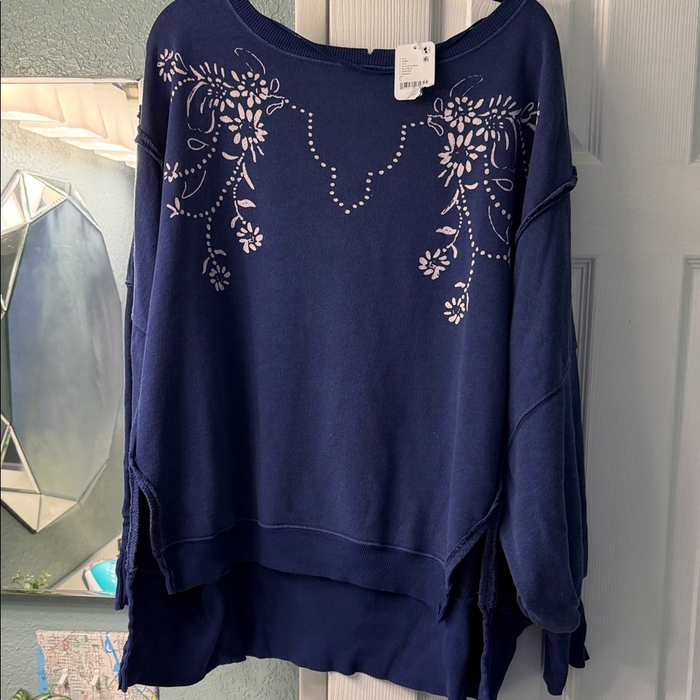 NWT Free People Navy Blue Floral Sweatshirt